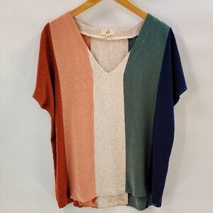 Entro Multicolor Stripes Size Large Color block V Neck Pullover Short Sleeve